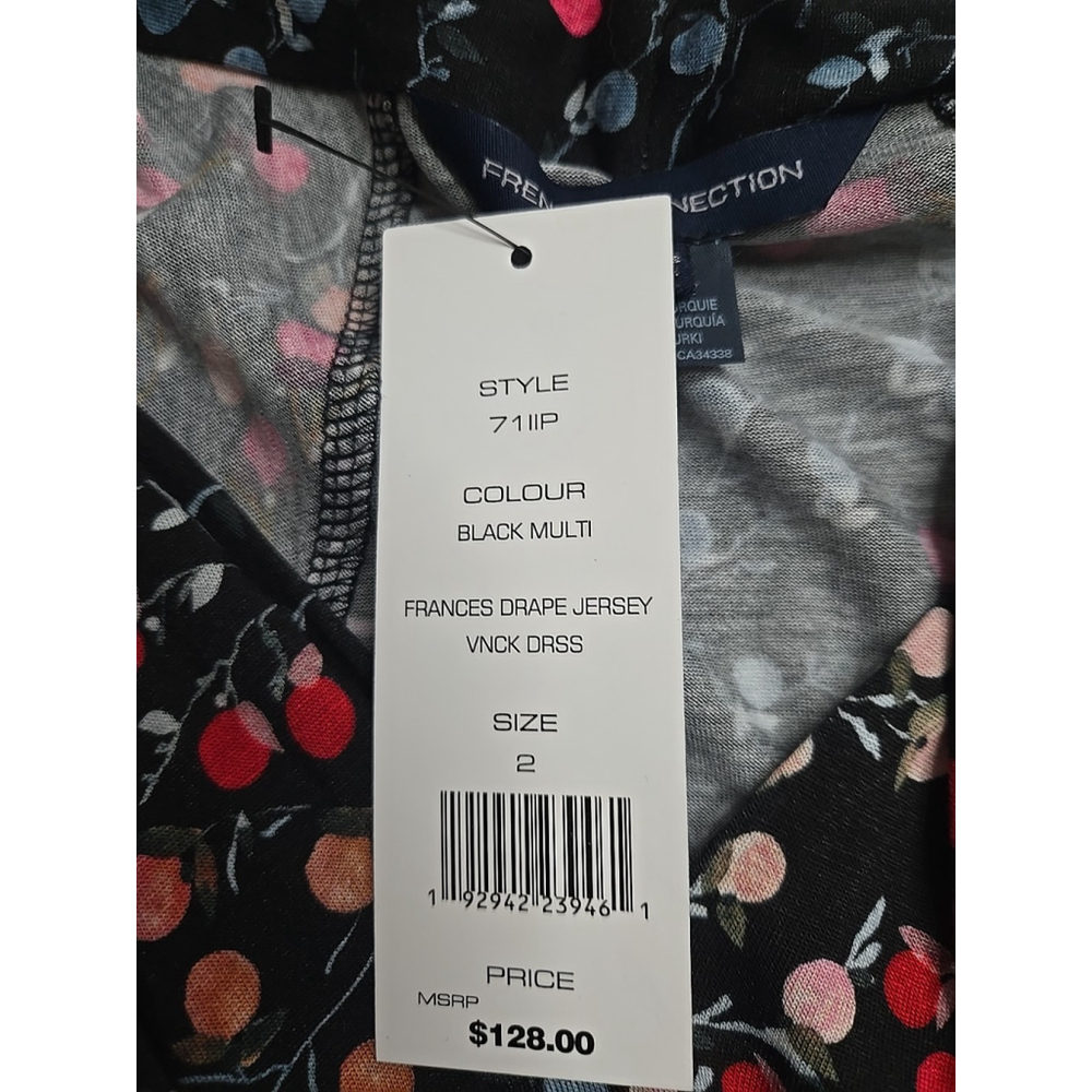 French Connection Size 2 Floral Viscose Tie Waist Dress Black Cap Sleeve Mini - Picture 4 of 9